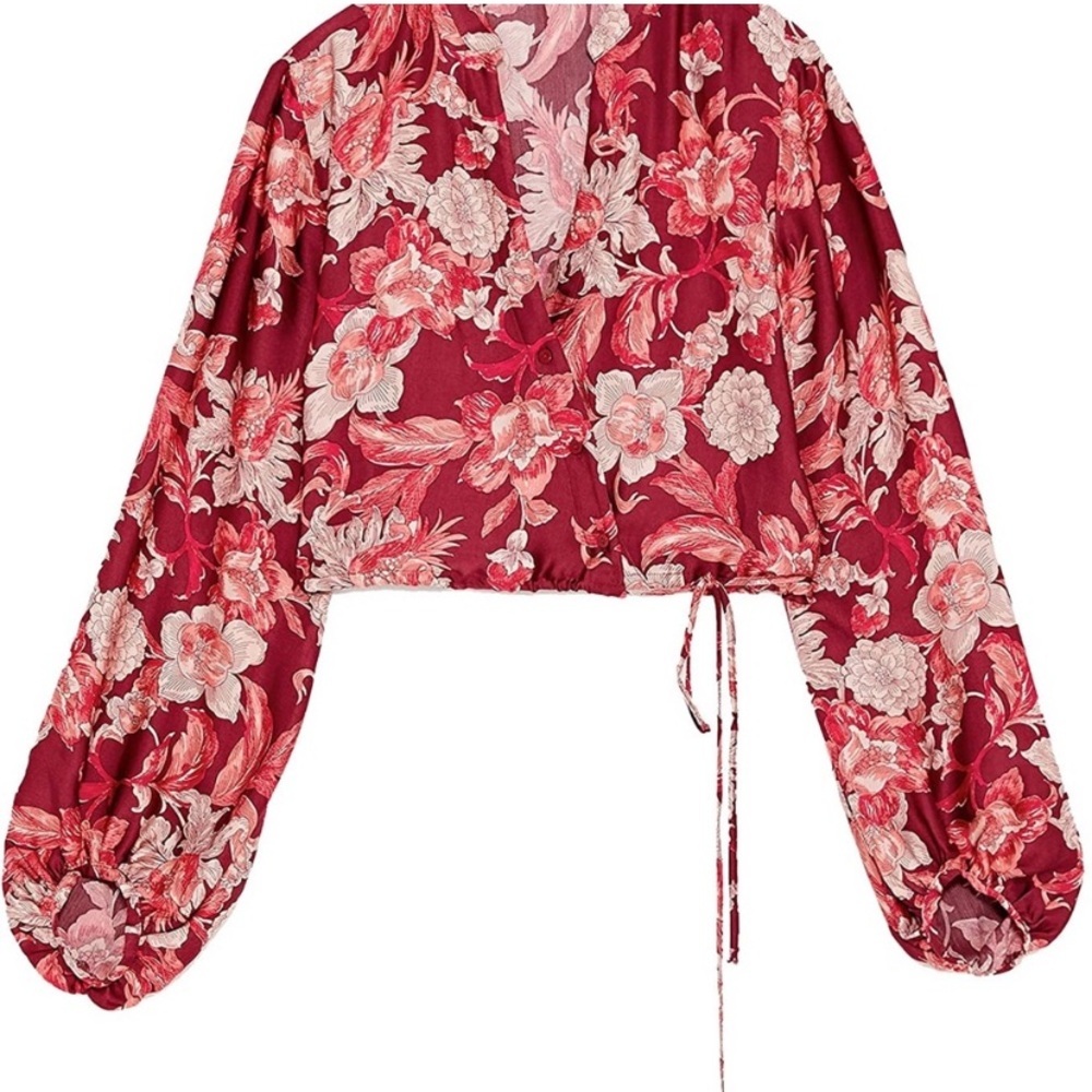 Zara Crop Wrap Front Tie Floral Blouse with Puffy Sleeves Size S - Picture 5 of 11